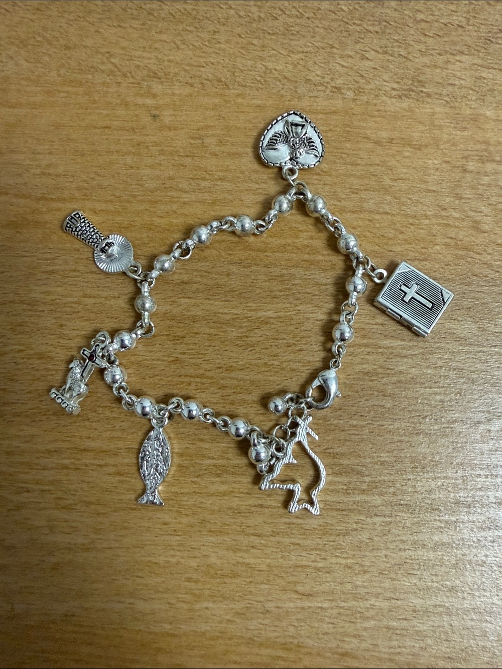 Silver tone Christian religious charm bracelet fish cross bible dove angel